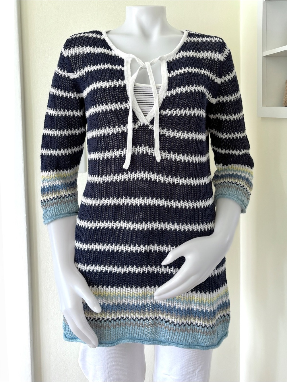 Tommy Bahama coastal dark navy blue white stripe knit pullover cover up tunic